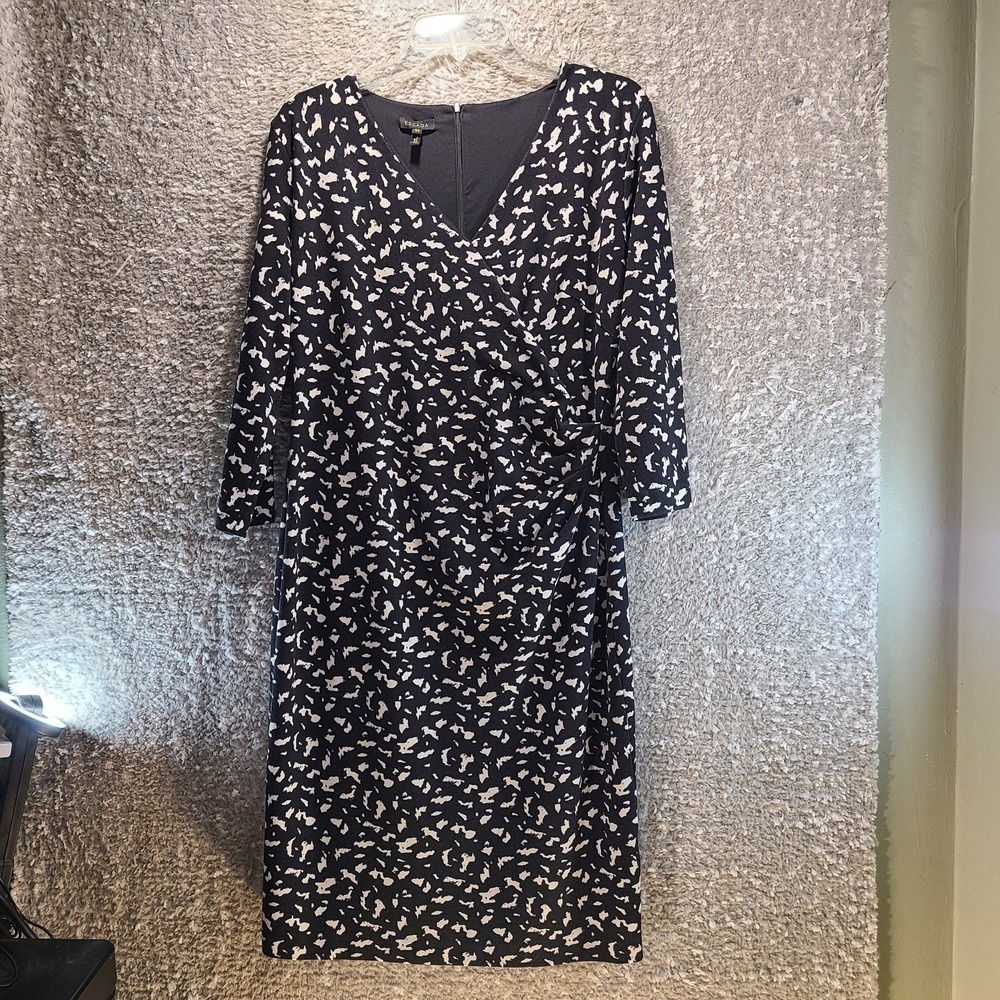 Escada Dress Black, White Gathered Hip V-Neck 3/4 Sleeve Size 40 Preppy Career